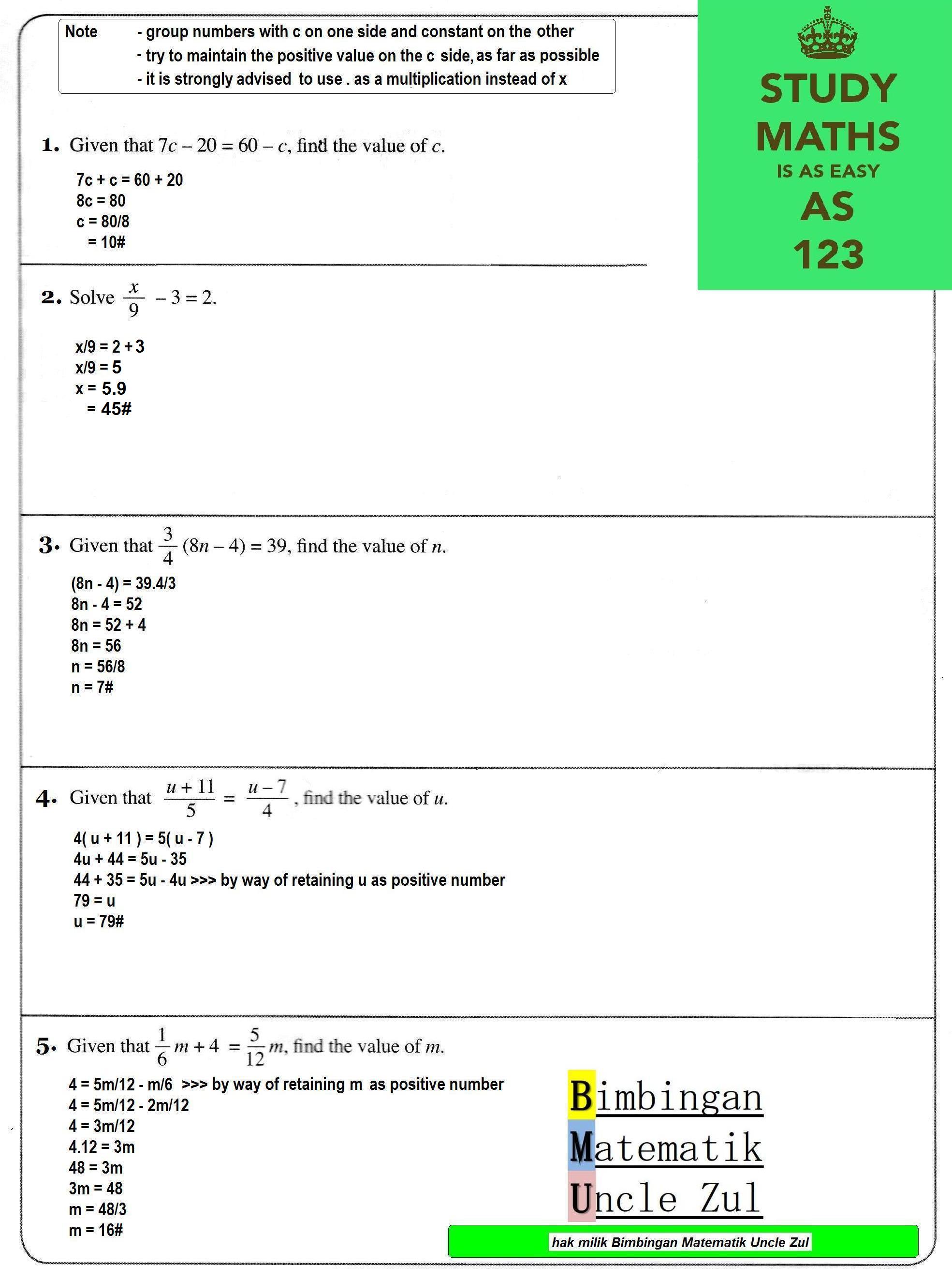 Form 2 Maths – Algebra & Linear Equation  Bimbingan 